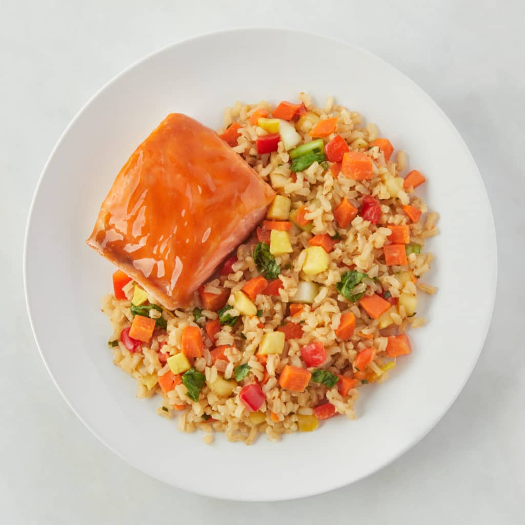 Teriyaki salmon with rainbow veggie rice kids meal