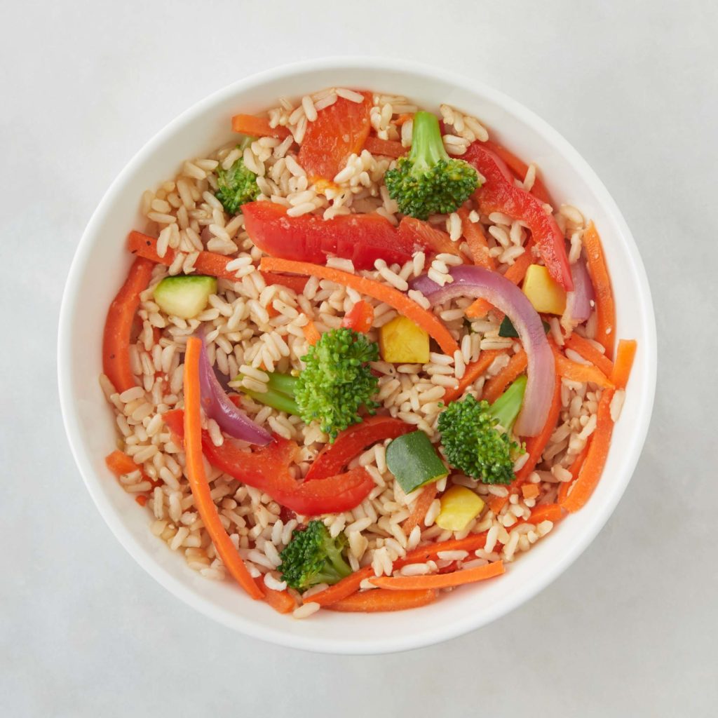 family meal soy-garlic rice with stir-fry veggies